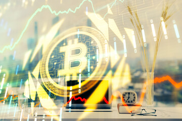 Poster - Double exposure of blockchain and crypto economy theme hologram and table with computer background. Concept of bitcoin cryptocurrency.