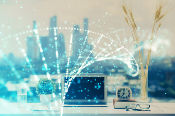 Poster - Desktop computer background and DNA drawing. Double exposure. Science concept.
