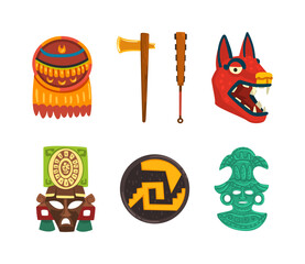 Sticker - Maya Civilization Ethnic Symbols with Ornamental Plate, Carved Mask, Hatchet and Wolf Head Vector Set