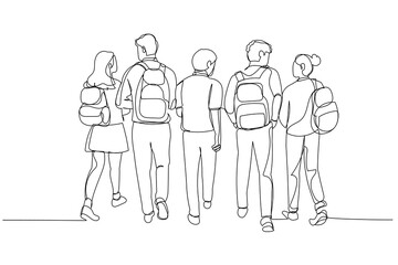 Drawing of group of students walking to school happy. Single continuous line art style