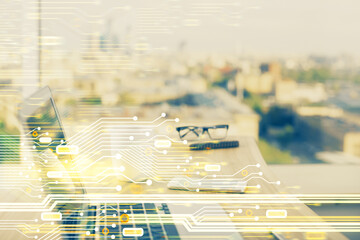 Poster - Double exposure of desktop computer and technology theme hologram. Concept of software development.