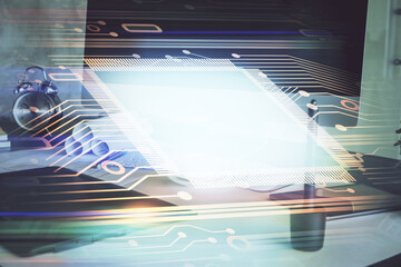 Poster - Double exposure of desktop computer and technology theme hologram. Concept of software development.