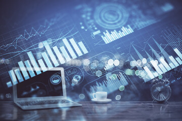 Fototapete - Forex Chart hologram on table with computer background. Double exposure. Concept of financial markets.