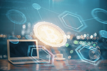 Aufkleber - Multi exposure of blockchain theme hologram and table with computer background. Concept of bitcoin crypto currency.