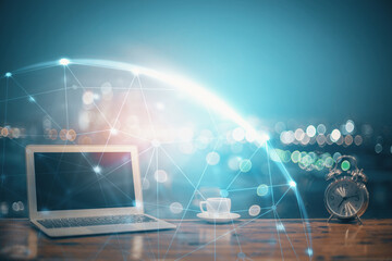 Poster - Computer on desktop with social network theme icon. Multi exposure. Concept of international connections.
