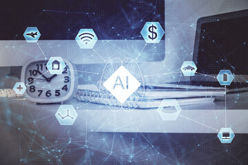 Aufkleber - Technology theme drawing and work space with computer. Multi exposure. Concept of innovation.