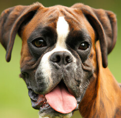 Close up of cute brown and black boxer dog over green background created using Generative AI technology