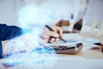 Poster - Abstract man wearing augmented reality headsets computer science work. AR concept. Double exposure.
