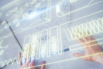 Aufkleber - Man's hands working with notes background. Scientist checklist or entry data, research and experiment concept.