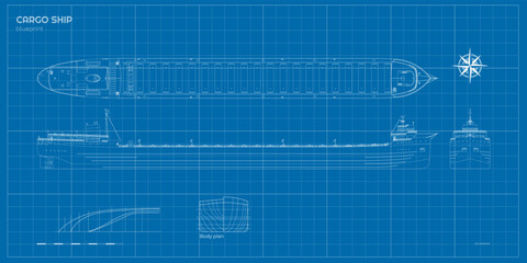 Wall Mural - Outline cargo ship blueprint. Front, side and top industrial views of boat. Sea transport contour drawing. Industry graphic