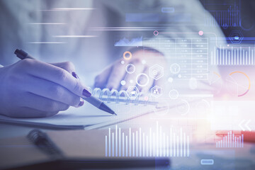 Poster - Multi exposure of woman's writing hand on background with data technology hologram. Concept of innovation.
