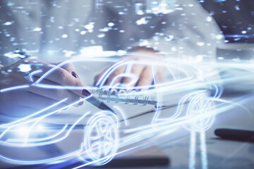 Poster - Tech autopilot theme hologram over woman's hands taking notes background. Concept of hightech. Double exposure