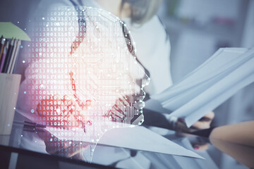 Poster - Multi exposure of woman's writing hand on background with brain hud. Concept of learning.