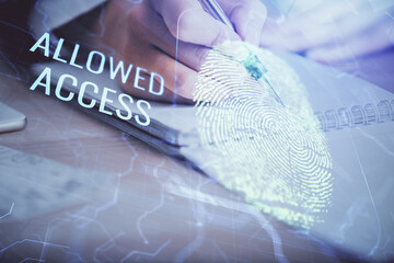 Aufkleber - Blue fingerprint hologram over woman's hands taking notes background. Concept of protection. Double exposure