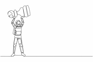 Poster - Continuous one line drawing astronaut standing and lifting up pawn chess piece. Celebrating small victories to achieve big victories. Cosmonaut outer space. Single line draw design vector illustration