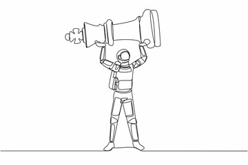 Poster - Single one line drawing astronaut standing and lifting up king chess piece. Supremacy and victory in outer space. Cosmic galaxy space concept. Continuous line draw design graphic vector illustration