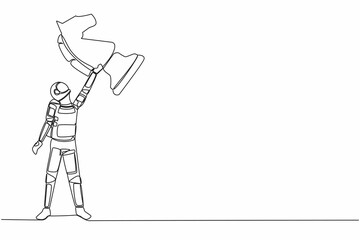 Poster - Single continuous line drawing of astronaut lifting up horse knight chess piece in moon surface. Space company tactics and strategies. Cosmonaut deep space. One line graphic design vector illustration