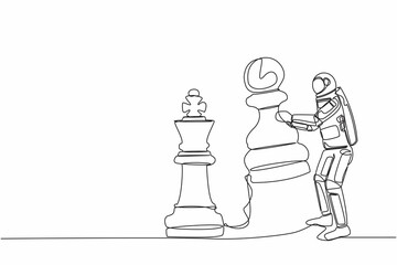 Poster - Continuous one line drawing astronaut holding pawn chess piece to beat king chess. Struggle for influence of space business. Cosmonaut outer space. Single line draw design vector graphic illustration