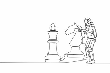 Poster - Single continuous line drawing young astronaut holding horse knight chess piece to beat king chess. Space business victory step. Cosmonaut deep space. One line draw graphic design vector illustration