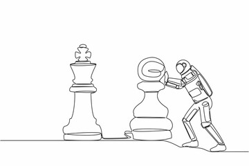 Poster - Continuous one line drawing astronaut push huge pawn chess piece to take down king. Big dreams conquer intergalactic exploration. Cosmonaut outer space. Single line design vector graphic illustration