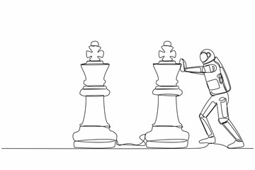Poster - Single continuous line drawing young astronaut push huge king chess piece to take down the other king. Symbol of strongest aerospace company. Cosmonaut deep space. One line design vector illustration