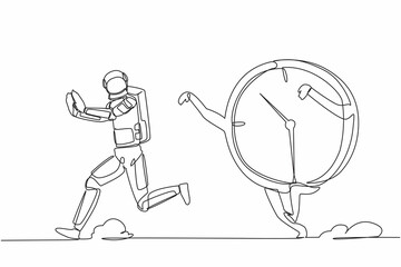 Poster - Single one line drawing young astronaut being chased by time. Afraid with spaceship exploration project schedule target, productivity. Cosmic galaxy space. Continuous line design vector illustration