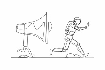 Poster - Single continuous line drawing young astronaut being chased by megaphone. Spaceman in loud screaming for mass communication in universe. Cosmonaut deep space. One line draw design vector illustration