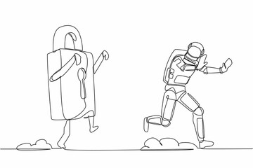 Poster - Continuous one line drawing young astronaut being chased by padlock. Afraid with spaceship company security or business protection. Cosmonaut outer space. Single line draw design vector illustration