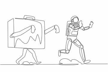 Poster - Single continuous line drawing of young astronaut being chased by briefcase. Afraid with evaluation of spaceship project performance. Cosmonaut deep space. One line graphic design vector illustration