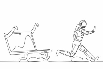 Poster - Single continuous line drawing astronaut being chased by laptop computer. Spaceman in spaceship expedition deadline of space industry. Cosmonaut deep space. One line graphic design vector illustration
