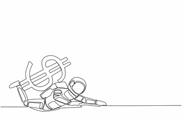 Poster - continuous one line drawing of young astronaut under heavy dollar symbol burden. overworked spaceman