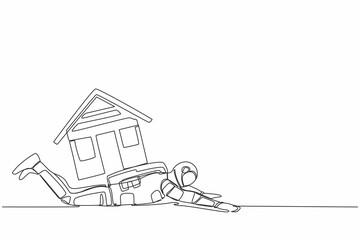 Poster - Single continuous line drawing young astronaut under heavy house burden. Financial mortgage problem, taxes expenses in space company. Cosmonaut deep space. One line design vector graphic illustration