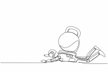 Poster - single one line drawing young astronaut under heavy kettlebell burden. financial crisis in space com
