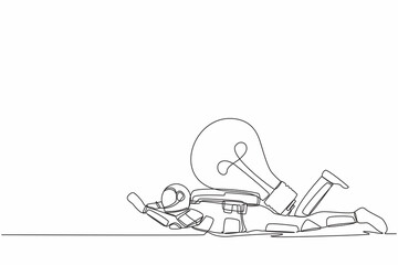 Poster - Single continuous line drawing young astronaut under heavy light bulb burden. Uninspired or no idea after business space failure. Cosmonaut deep space. One line draw design vector graphic illustration
