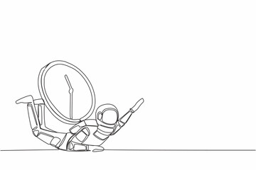 Poster - continuous one line drawing of astronaut under heavy wall clock burden. spaceman expedition within d