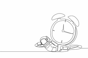 Poster - Single one line drawing of young astronaut under heavy alarm clock burden in moon surface. Work pressure at spaceship business project. Cosmic galaxy space. Continuous line design vector illustration