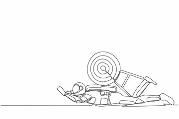 Poster - Single continuous line drawing of young astronaut under heavy target burden. Exhausted to achieve spaceship business competition. Cosmonaut deep space. One line draw design vector graphic illustration