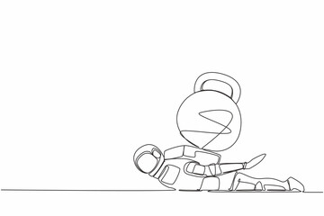 Poster - Single one line drawing young astronaut under heavy kettlebell burden. Debt explosion in spaceship company. Technology development. Cosmic galaxy space. Continuous line draw design vector illustration