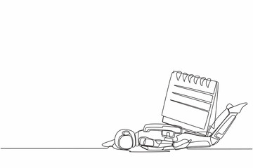 Poster - Single continuous line drawing young astronaut under heavy calendar burden. Tired spaceman with expedition problem and deadline. Cosmonaut deep space. One line draw design vector graphic illustration