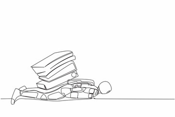 Poster - Continuous one line drawing young astronaut under heavy pile paper folder burden. Tired spaceman due to galactic exploration. Cosmonaut outer space. Single line draw graphic design vector illustration
