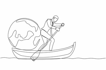 Poster - Single one line drawing of businessman standing in boat and sailing with globe. Taking trip around the world by ship. Tourism or travelling concept. Continuous line design graphic vector illustration