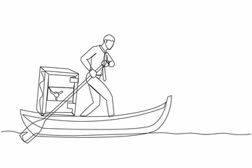 Poster - Continuous one line drawing businessman sailing away on boat with safe metal deposit box. Unexpected financial opportunities, credit, bank deposit protection. Single line design vector illustration