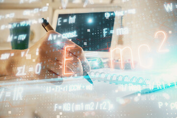 Poster - Science formula hologram over woman's hands taking notes background. Concept of study. Double exposure