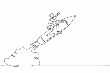 Poster - single continuous line drawing robot riding pencil rocket flying in the sky. tech education and crea