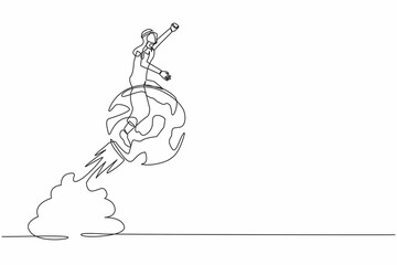 Poster - continuous one line drawing arab businessman riding sphere globe rocket flying in the sky. global bu
