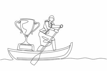 Poster - Single one line drawing attractive businesswoman sailing away on boat with trophy. Sailing world championship award. Winning water sport competition. Continuous line design graphic vector illustration