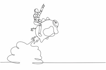 Poster - Single continuous line drawing robot riding piggy bank rocket flying in sky. Financial planning with tech. Future technology development. Artificial intelligence. One line design vector illustration