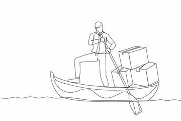 Poster - Single one line drawing of businessman standing in boat and sailing with pile of cardboard. Shipping through the ocean. Delivery and packaging. Continuous line draw design graphic vector illustration