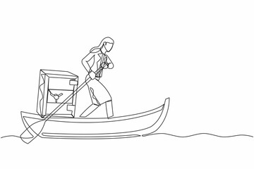 Poster - Continuous one line drawing businesswoman sailing away on boat with safe deposit box. Unexpected financial opportunities, credit, bank deposit protection. Single line draw design vector illustration