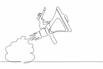 Poster - Single one line drawing Arabian businessman riding megaphone rocket flying in sky. Fast communication, business soft skill to communicate with customer. Continuous line draw design vector illustration